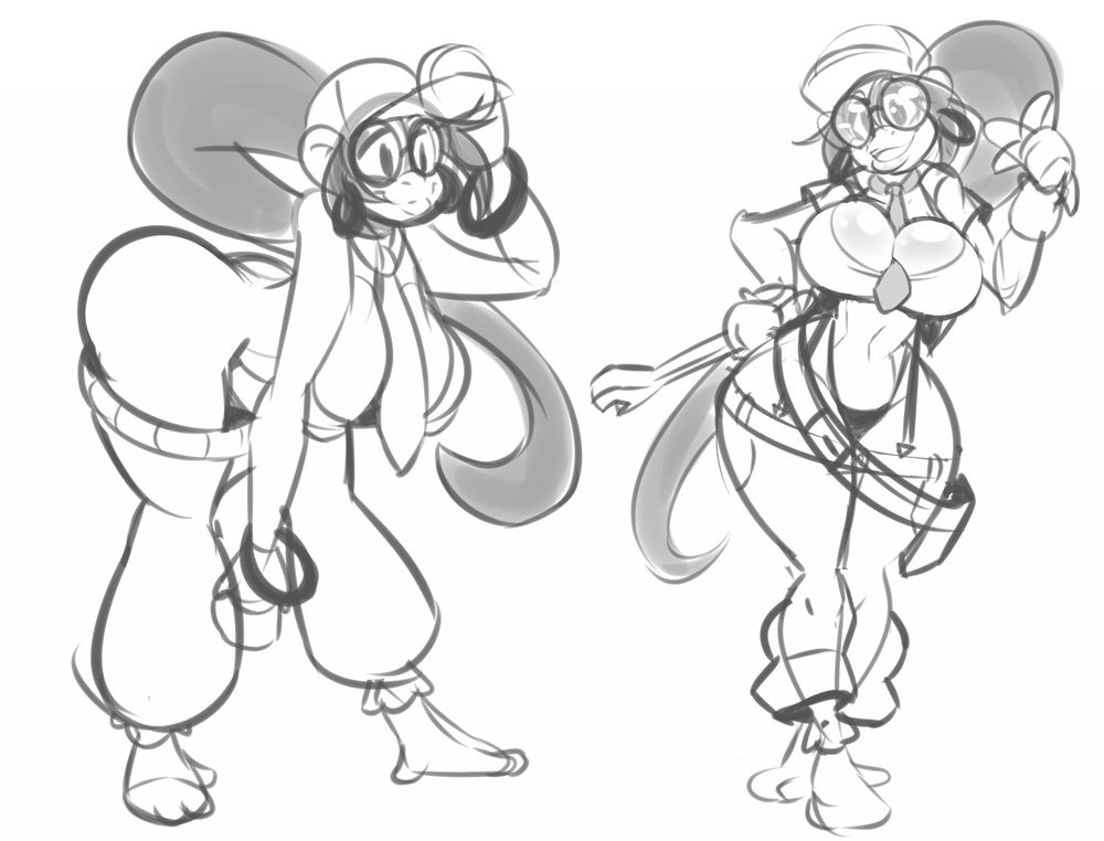 Greyscale sketches of an Kong girl similar to Tiny Kong's design from Diddy Kong Racing DS. She has a long ponytail and is equipped with a wrench and banana accessories. She wears a mechanic's outfit but the pants don't exactly fit...