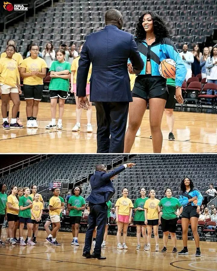 Angel Reese shakes hands with President idris elba. They’re standing on a basketball court with kids standing and watching. Elba takes a shot from beyond the arc