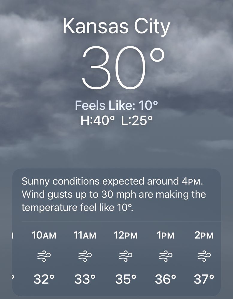 Today’s weather in Kansas City. From 10 am to 2 pm, the temp creeps up from 32 degrees to 37 degrees, and windy
