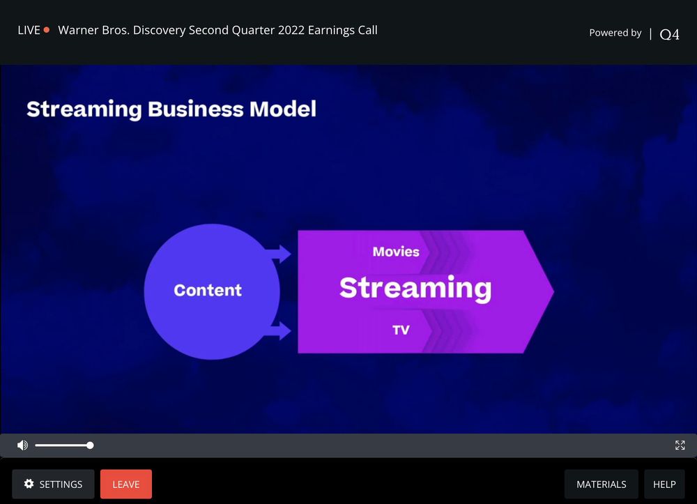 screenshot from WBD's Q2 2022 Earnings call; it has a header of "streaming business model", and a circle saying "Content" pointing to an arrow rectangle blob with "Movies", "Streaming", and "TV" all in different fonts; it's a hideous mess of a slide