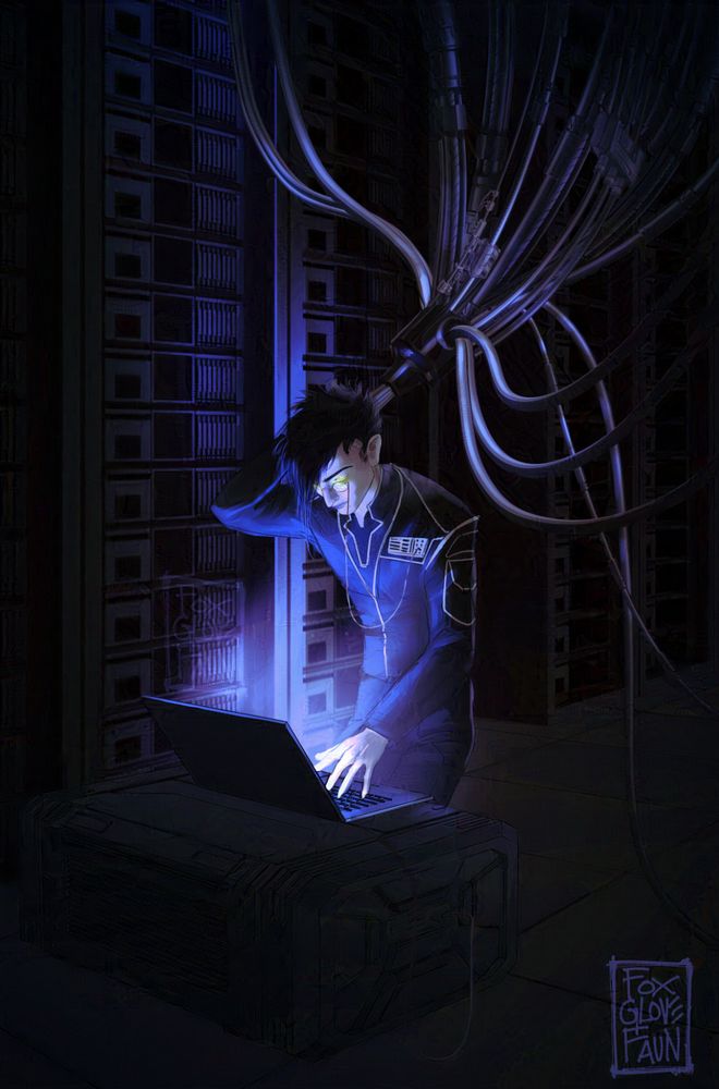 a digital illustration of a pale man with spiky black hair kneels on the floor in the dark in front of a laptop. behind him are massive computer servers that appear to be turned off. The only light in the room is coming from the laptop screen, which is very cold blue and indigo. one hand touches the keyboard, the other hand reaches behind his head to touch a datajack. a massive collection of cables of all kinds drops down from the ceiling to join a single unit, finally plugging into the back of his head.
