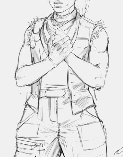 A cropped line drawing of a punk with strong hands and lean arms. They wear a patched vest, a long cowl, and cargo pants. They clutch one hand within the other, and their knuckles are bruised.