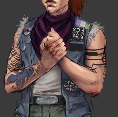 a crop of an unfinished digital illustration of a tattooed person in a punk vest. Their patches read "terfs fuck off", "deny defend depose." A tattoo on their forearm features a coelacanth with handwritten script "Always been here." They wear a purple cowl around their neck.