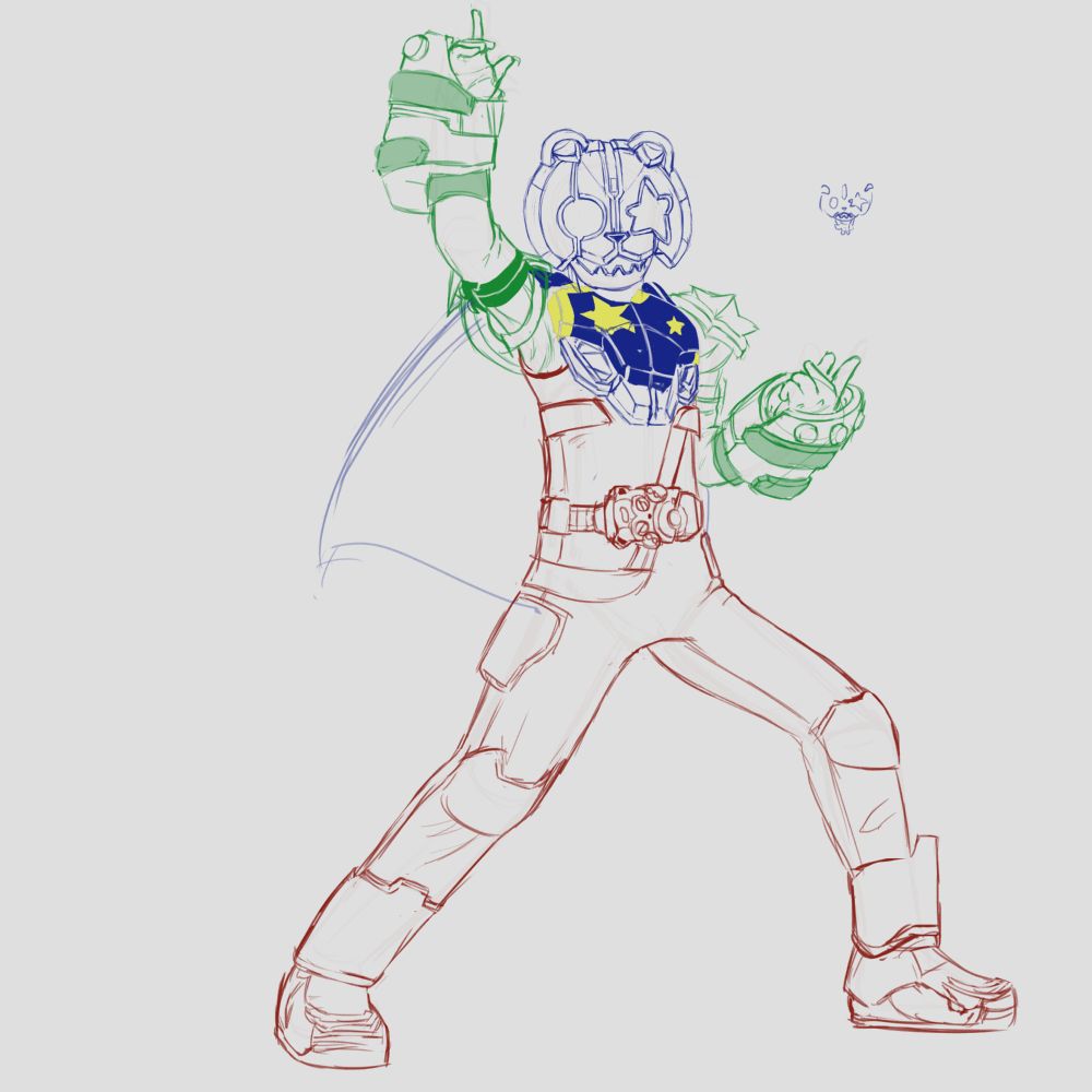 Kamen Rider Punkjack 
MY GOAATTTT THE ROLLIN ROLLIN PUNK KING
Of COURSE I had a direct Rider rep in here. I just had to. And since Geats was still airing during the development of AT, I thought.... How funny it would be. And I was right. It was funny.
Also this is EASILY the best render in the project despite being a redraw of a screenshot and also just a sketch.

Sourcelist:
* Tokusatsu/Shotaro Ishinomori Media and Superhero Media
* J-Rock/J-Metal and Punk/Hard Rock
* Epic Games/Respawn Titles & Battle Royale Media
* Generational/Merch-Driven Franchises, Time Travel and Desire/Wishes