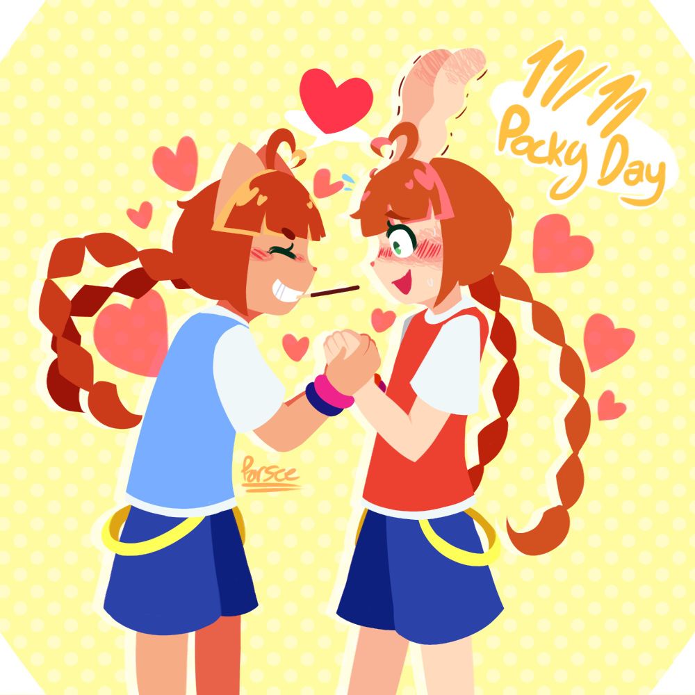Nyami inviting Mimi to play the Pocky Game with her, while Mimi gets extremely blushed