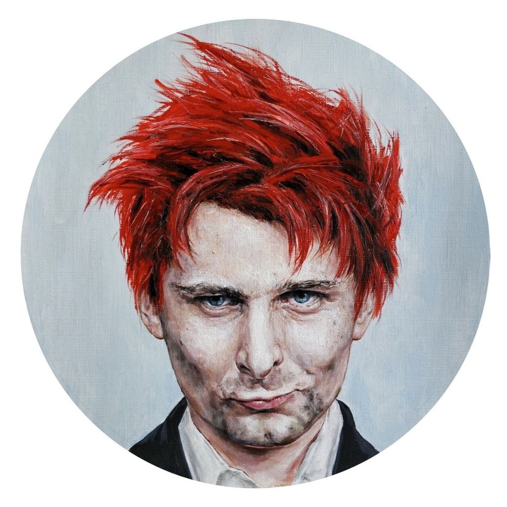 An oil portrait of Matt Bellamy of the band Muse with red hair, reimagined as the devil.
