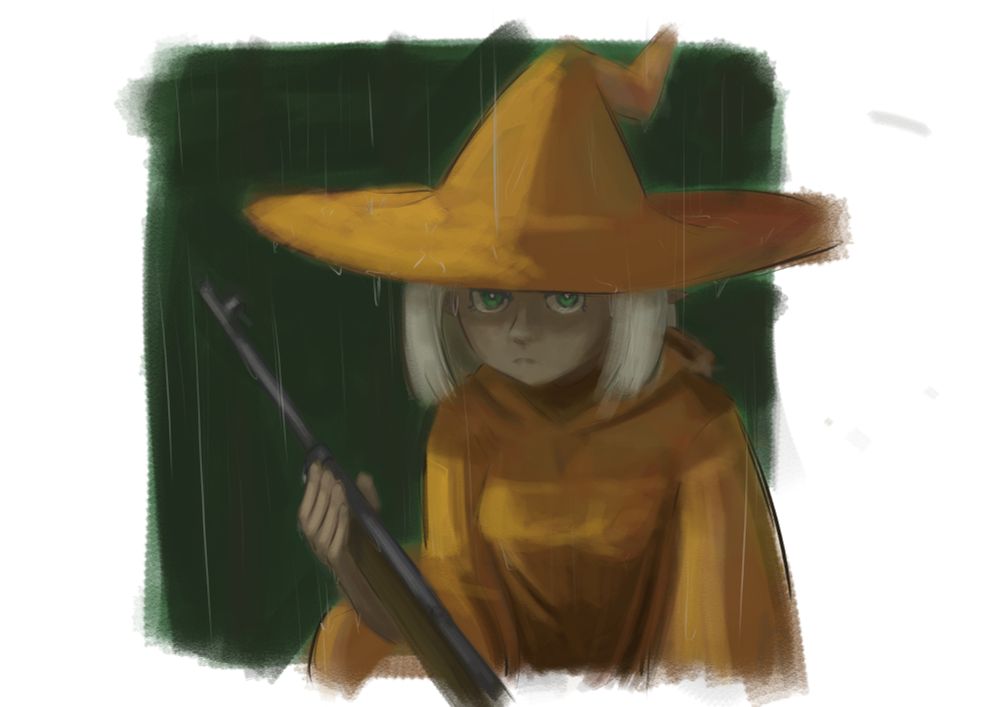 Closeup of a witch with a rifle in the rain.