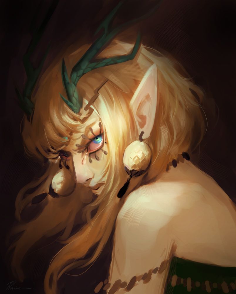 a drawing of zelda from totk with green horns and the dragon eyes, she's crying so we can see a tear that references the title of the game :)