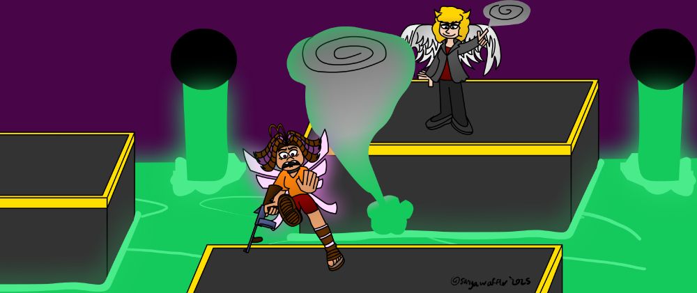 Abby being chased down by Asphodel's tornado, which is glowing due to it druding up green glowing slime. Abby is running in fear with only a Tommy Gun and her wits.