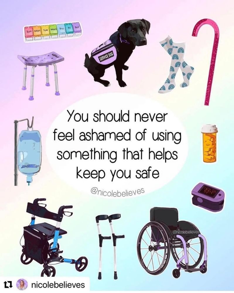 "You should never feel ashamed of using something that helps keep you safe."

Credit: Nicole Believes

Top left corner: weekly pill box, service dog, compression socks, cane, medications, monitor, wheelchair, forearm crutches, walking rollator with seat, IV bag, shower bench 

#DisabilityPrideMonth #MySeveralWorlds #DisabilitySupport #DisabilityAwareness