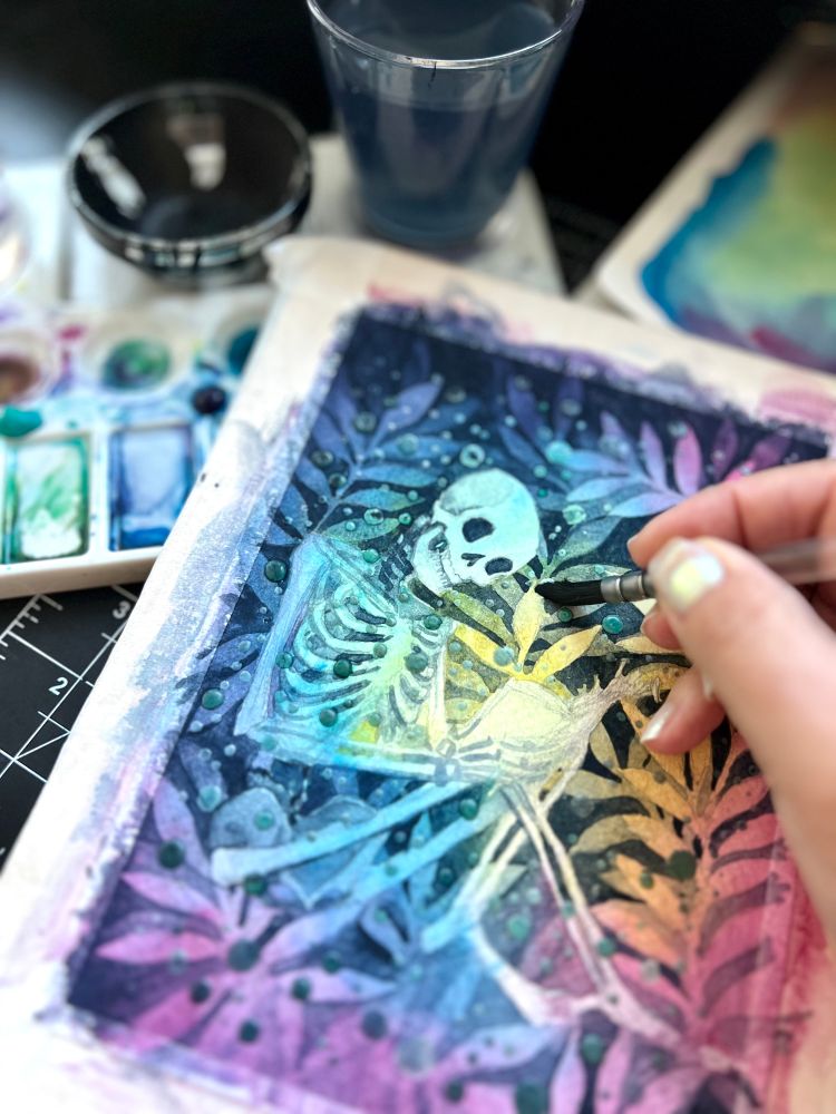 Watercolor skeleton painting 