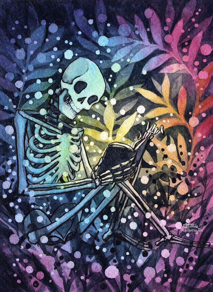 Watercolor and ink painting of a colorful skeleton seated in a garden with vines and flowers while reading a book ∙ Concept and painting created by Tatyana razorberries.com