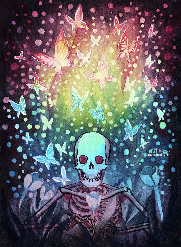 Watercolor and ink painting of a skeleton planting tulips flowers as butterflies fly around.  Concept and painting created by Tatyana, art available for sale at razorberries.com