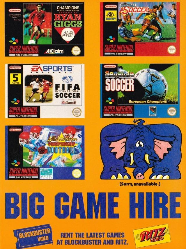 Big Game Hire with football title such as Sensible Soccer, FIFA