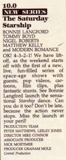 TV listing OK! 4-3-2-1! We have lift off, as the weekend starts off with the first of a new, live, fun-filled series of space-age shows with guests, pop videos, cartoons, film clips plus fantastic stunts.