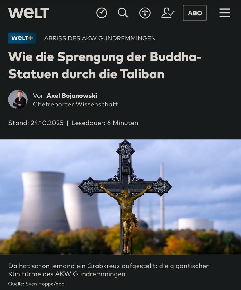 Screenshot: Springerpropagandist vergleicht Abbau eines AKW-Kühlturms mit Sprengung der Bamiyan-Buddhas in Afghanistan.