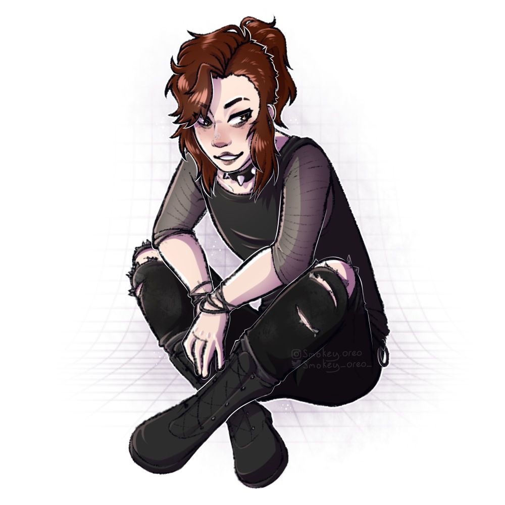 Woman in punk attire sitting down