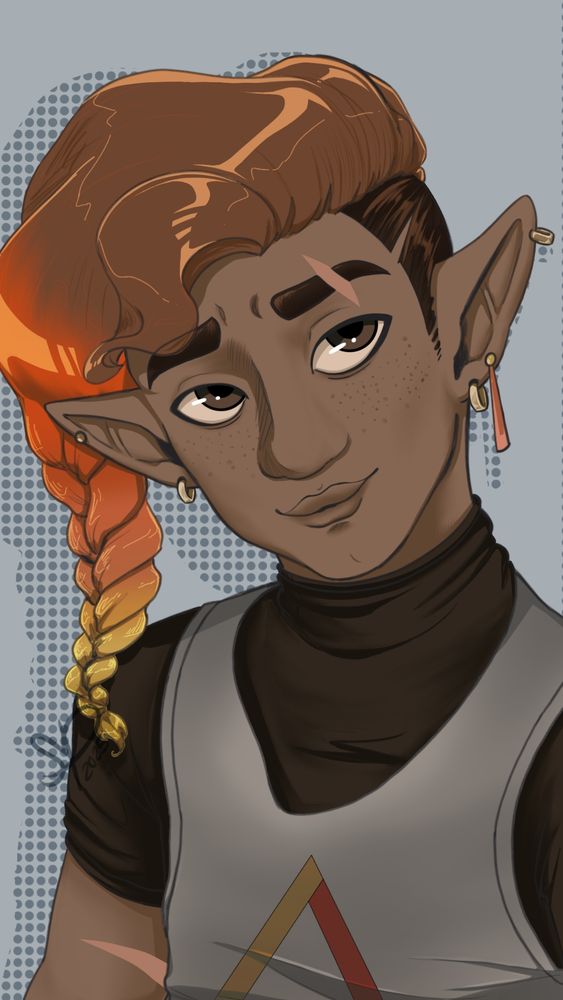 Upper body drawing of a guy wearing a grey tank top over a black tshirt with turtleneck. The man has elf like fantasy ears and multiple earrings of hoop, stud, and hanging design. His hair is in a braid which falls to his right, the viewer's left, onto his shoulder. His hair starts as brown then the braid has a brown to red, orange, then yellow gradient. 