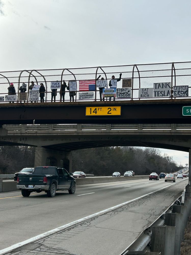 People holding anti-trump, anti-musk, anti facism signs on highway overpass 