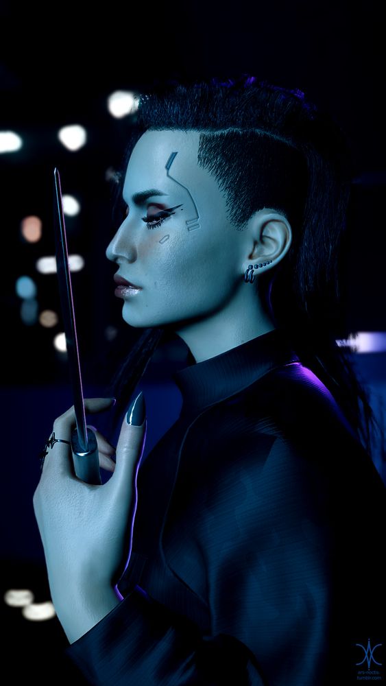 A screenshot from the game Cyberpunk 2077. A light skinned young woman with long dark hair cut in a side shave stands in profile in front of a dark cityscape, only faintly visible lights from a building behind her shining. She wears a black top with a mock turtleneck collar and faint black camouflage pattern. In her left hand she holds a sleek, large combat knife. She looks towards the knife with a narrowed gaze and lips parted.