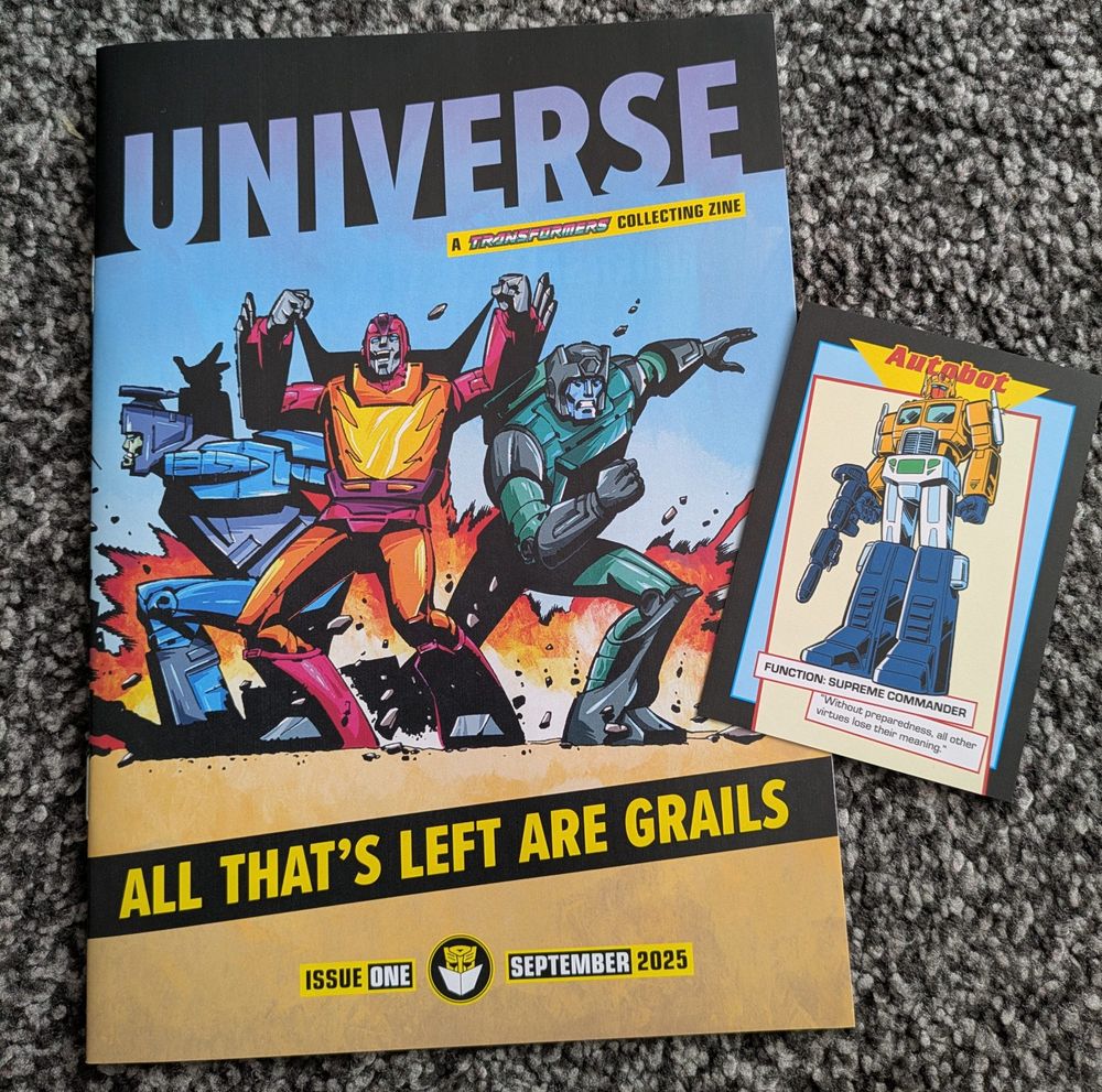 Issue 1 of The TFUK Guide's universe zine, featuring Blurr, Hot Rod and Kup on the cover. Also pictured is a trading card of Sentinel Prime (a yellow repaint of G1 Optimus) 