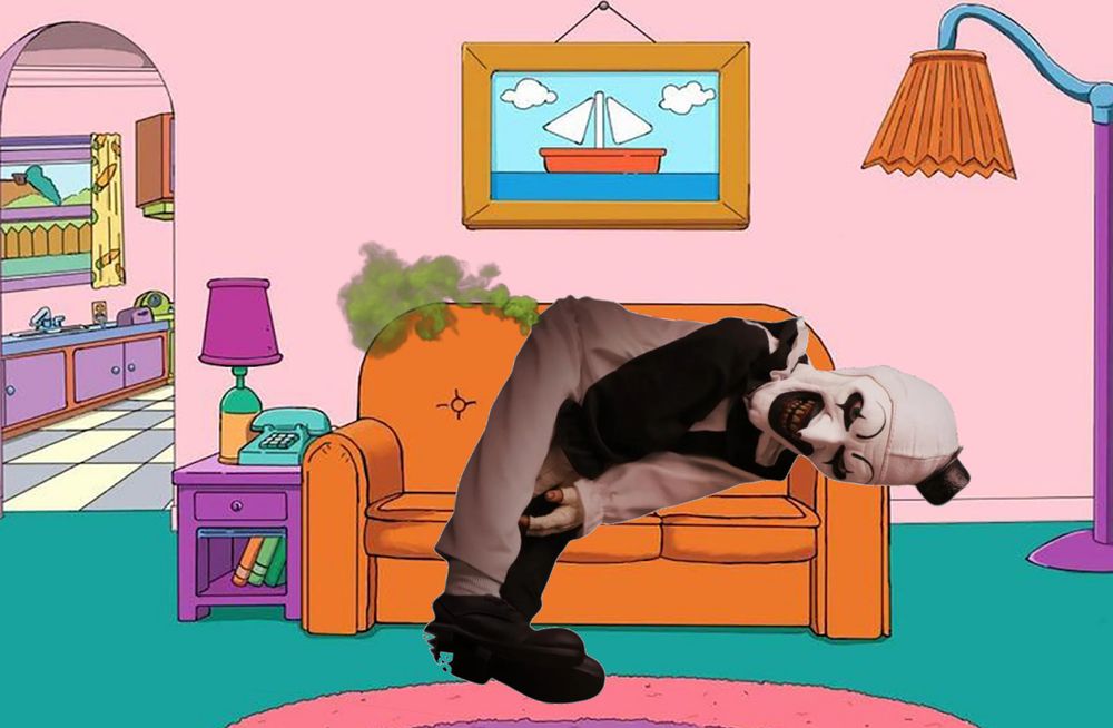 art the clown fucking FARTING in front of the simpsons couch