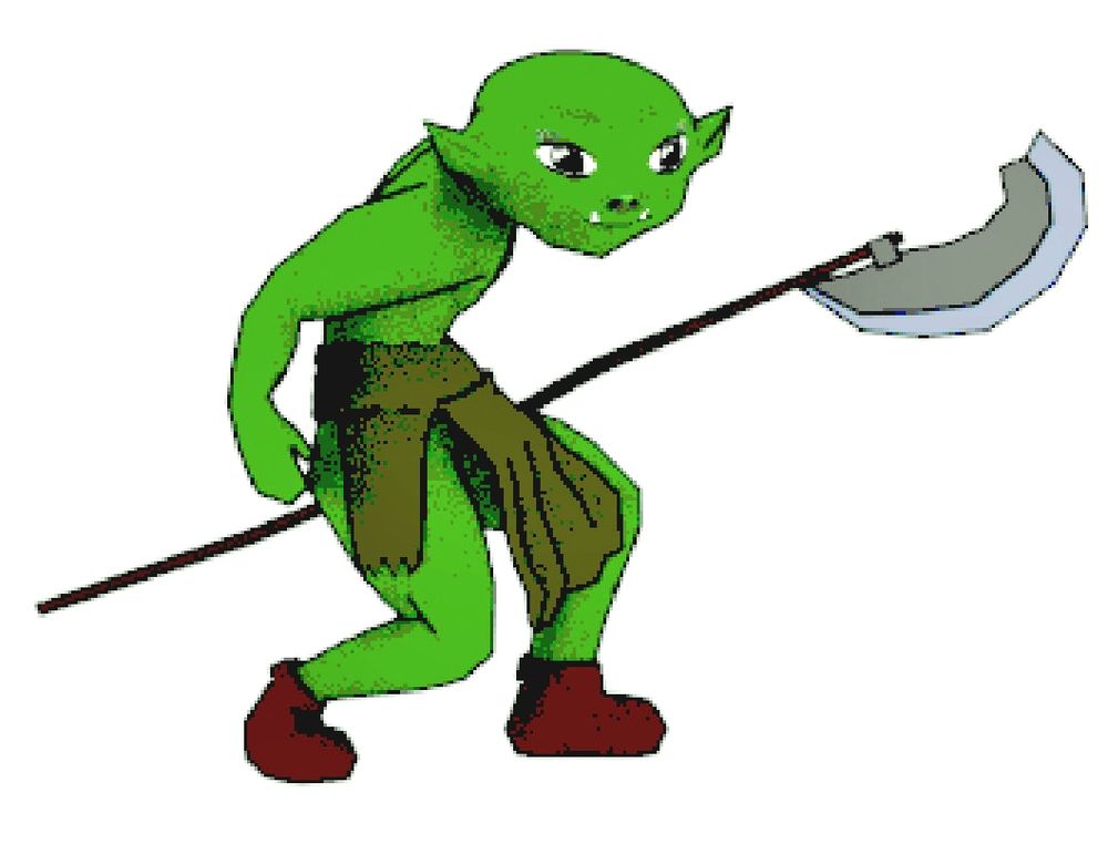 goblin com um bardiche lowpoly e 3d num fundo branco um pouco de lado ele é verde e um pouco curvado