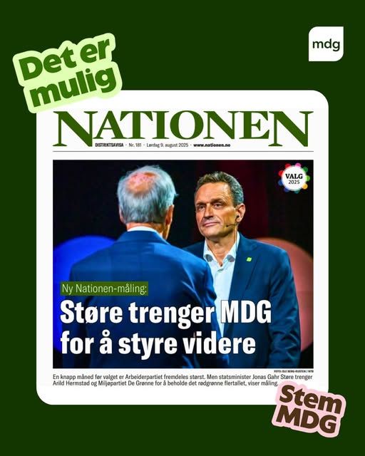 Skjermbilde av forsiden på Nationen. Overskriften er Ny Nationen-måling: Støre trenger MDG for å styre videre.