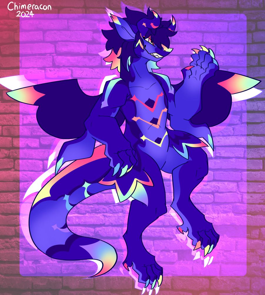 A blue and rainbow dragon furry