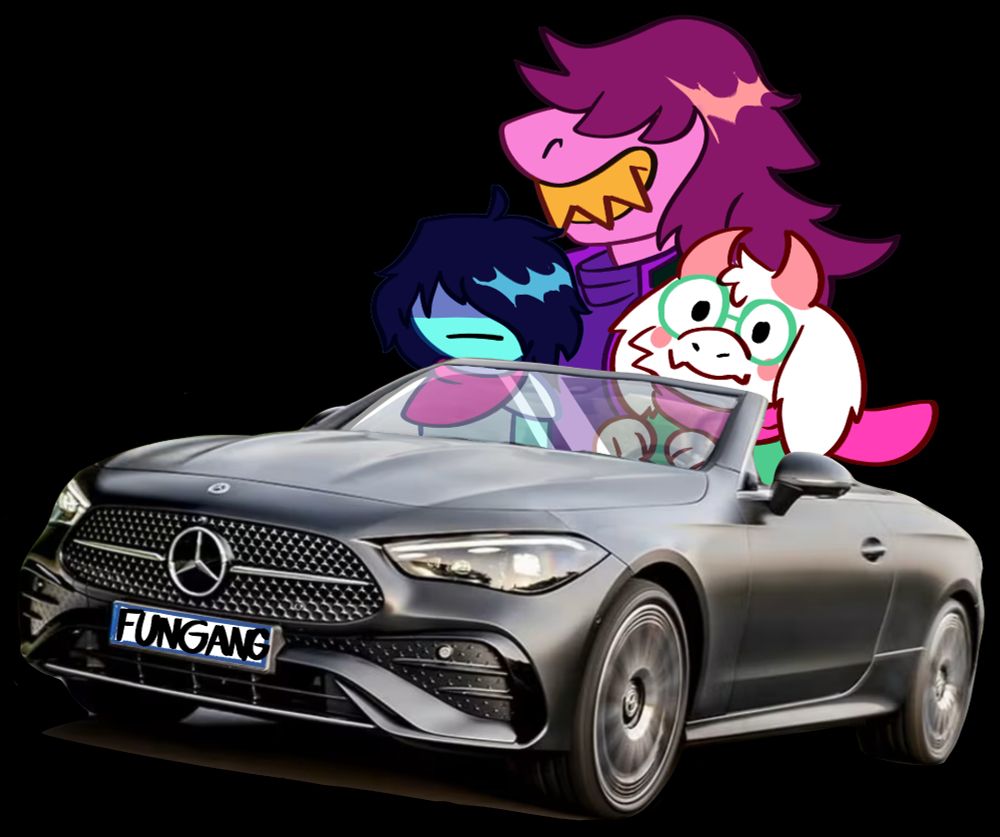 Susie, Ralsei, and Kris in a photorealistic mercedes benz 