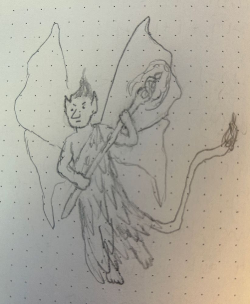 A rough pencil drawing on dot paper.
A fairy is flying with ragged butterfly wings. They wear an off-shoulder stress that maybe looks like it’s made of feathers or leaves, and also a grumpy expression. They hold a long staff with a swirly top, which is surrounded by a magical glow. Their ears are pointy and their hair is coiffed into a point too. From under their dress rises a long tail like a lion’s with a tuft on the end.