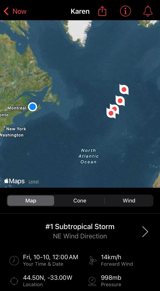 A screenshot from the app Hurricane. It shows a newly formed tropical storm named Karen in the northern part of the North Atlantic.