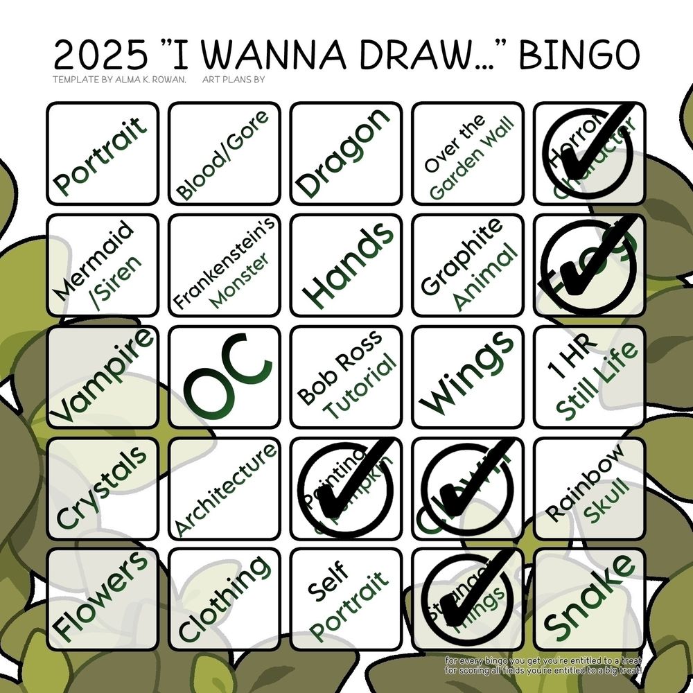2025 "I wanna draw..." Bingo template made by Alma K. Rowan. For every bingo you get you're entitled to a treat. For scoring all fields you're entitled to a big treat. Background is filled with green leaves. I filled the 25 space board with: portrait, blood/gore, dragon, over the garden wall, horror character, mermaid/siren, frankenstein's monster, hands, graphite animal, frog, vampire, oc, bob ross tutorial, wings, 1 hr still life, crystals, architecture, painting a pumpkin, clown, rainbow skull, flowers, clothing, self portrait, stranger things, and snake. The following squares have been checked off: horror character, frog, clown, stranger things, painting a pumpkin. 