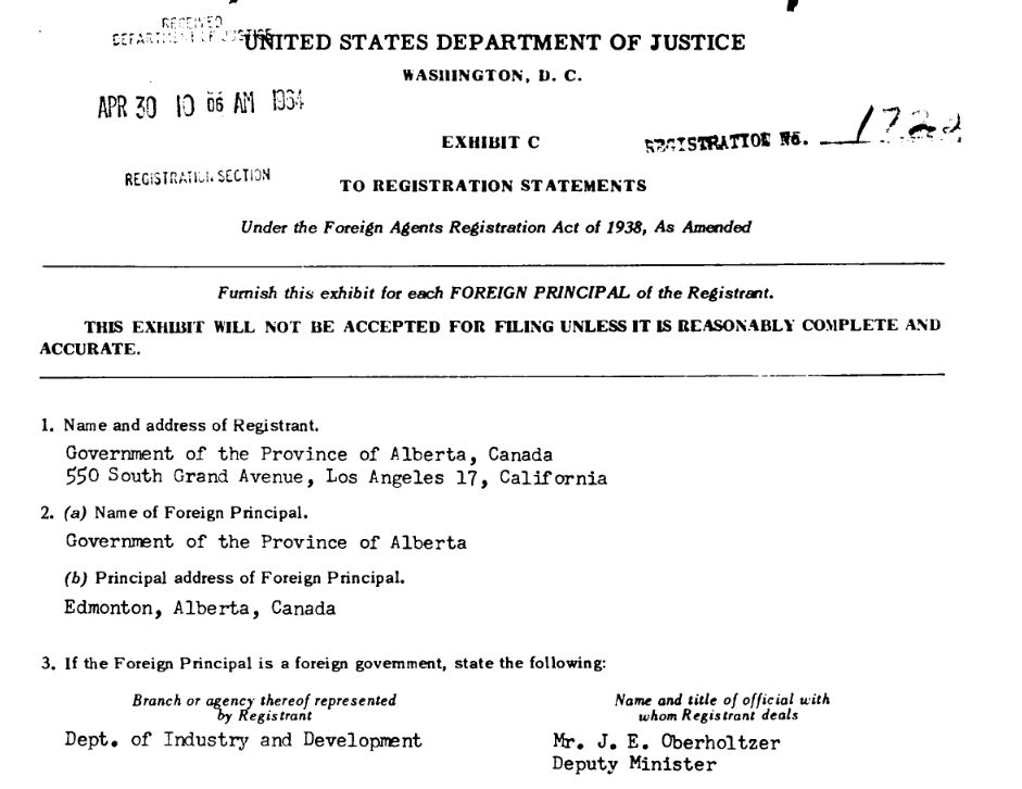 Screenshot from a document. The heading says "United States Department of Justice." The date is April 30, 1964. The registrant is listed as the Government of Alberta, with an address of 550 South Grand Avenue, Los Angeles, California.