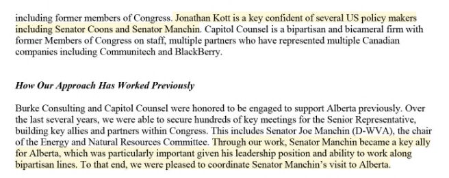 A screenshot from a contract. The highlighted text reads: "Jonathan Kott is a key confident of several US policy makers including Senator Coons and Senator Manchin... Through our work, Senator Manchin became a key ally for Alberta, which was particularly important given his leadership position and ability to work along bipartisan lines. To that end, we were pleased to coordinate Senator Manchin’s visit to Alberta."