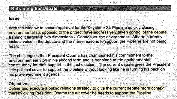 A screenshot from a document. The highlighted text reads: "environmentalists opposed to the project have aggressively taken control of the debate," and "Objective: Define and execute a public relations strategy to give the current debate more context thereby giving President Obama the air cover he needs to support the Pipeline."