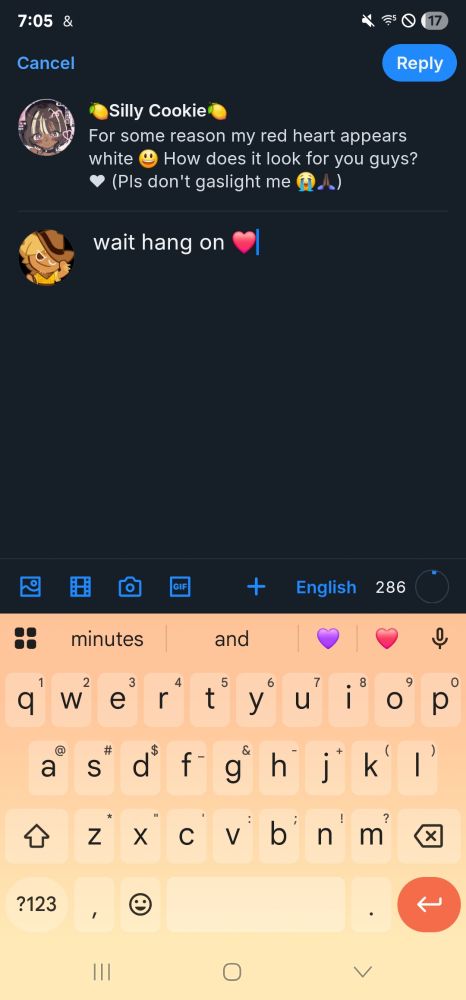 OP's tweet with my reply in the text box, still being composed. OP's heart is white, mine is red.