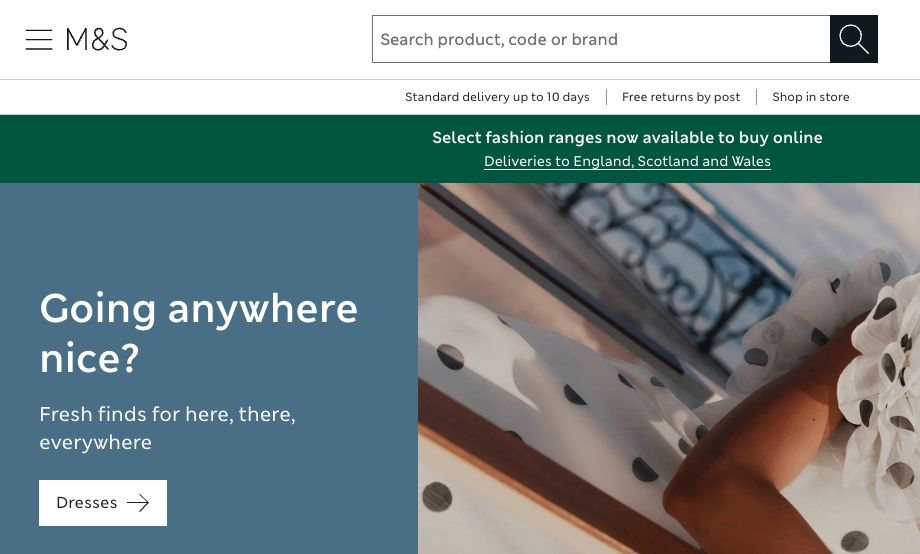 A screenshot of the newly online Marks and Spencer homepage. back 6 weeks dark following a cyber attack.
