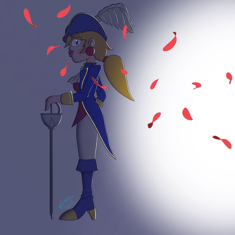 A dramatic profile shot of Swordfighter Peach from Princess Peach: Showtime, with a spotlight on the right side and rose petals falling down.