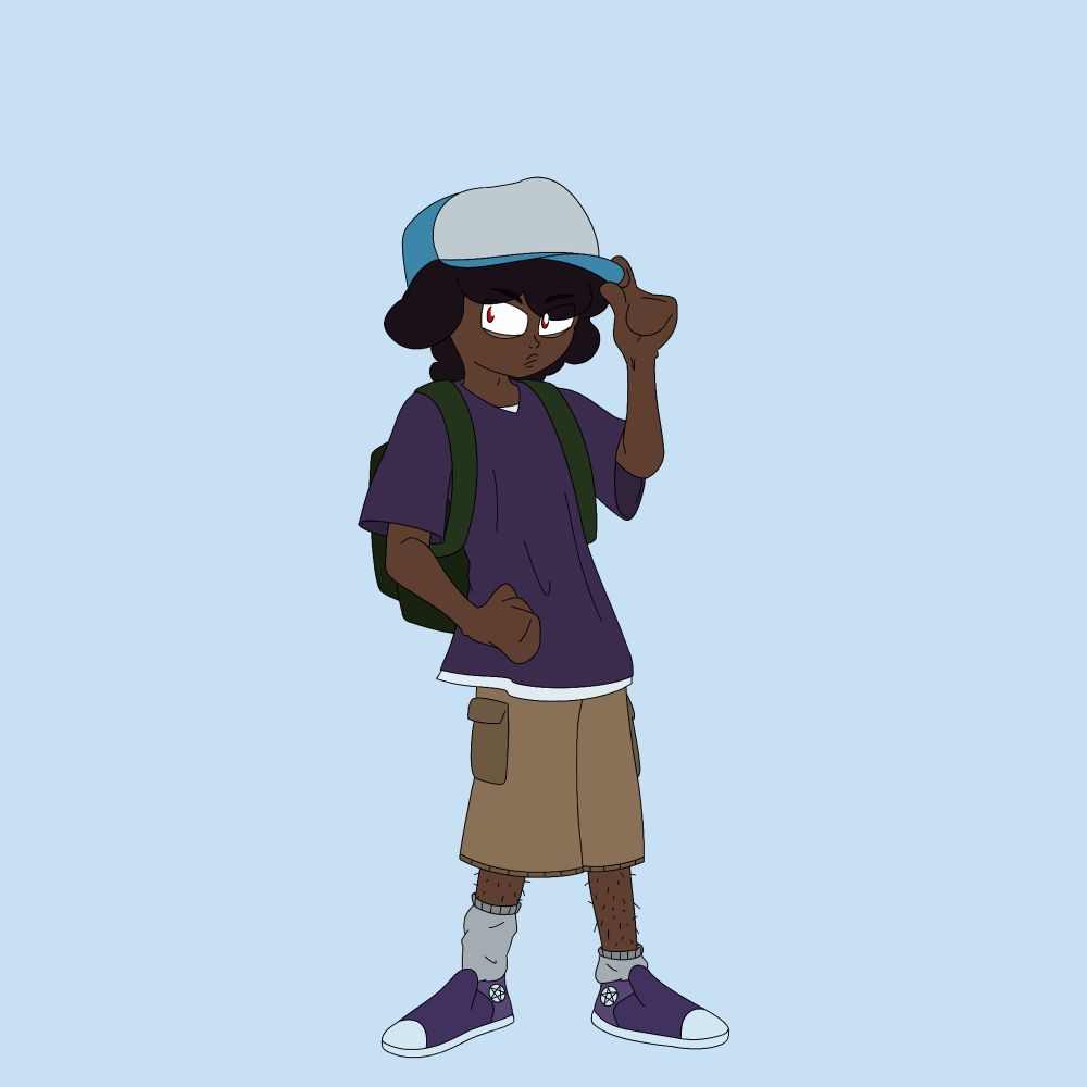 A full body shot of my oc Dakota Williams. He’s African-American, with dark purple curly hair and red eyes. He’s sightly frowning, and wearing a purple t-shirt over a larger white t-shirt, with beige cargo shorts and purple converse.