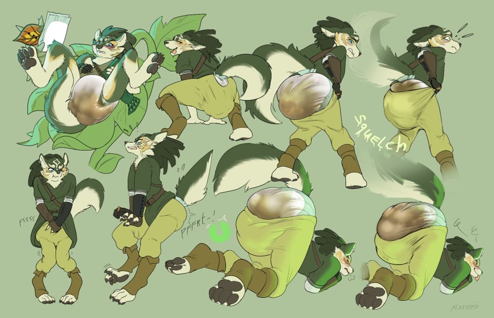 Image 1: Wolf Link laying on his back on a leaf spreading his legs. He is wearing a very messy diaper, and a Korok with an orange leaf stands to the left of him, holding a clean diaper with which they intend to change him into. Image 2: Wolf Link Squatting low, tail flagged, and a large droopy mess sagging in his diaper, making the seat of his pants stretched taut. Image 3: Wolf Link wincing as he slowly pulls his pants back up over his poopy diaper. Image 4: Continuation of image 3, Wolf Link making a SHOCKED expression as he finally yanks his pants up over his poopy diaper with a loud SQUELCH Image 5: Wolf Link with his tail raised, legs bowed inward, and face scrunched as he wets his diaper. A PSSSSS sound coming from his pants as they swell to soak up his accident. Image 6: Wolf Link with a surprised expression, paws down as if he's caught off guard, his tail flagged high, and a slight tent forming in his pants as he begins pooping his diaper. A 