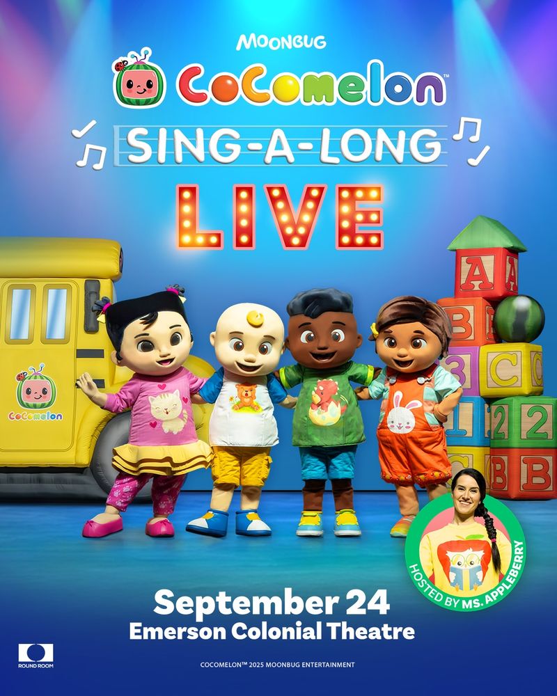 Promotional poster for CoComelon Sing-A-Long LIVE, showing four CoComelon stage characters surrounded by a school bus and toy blocks. 
