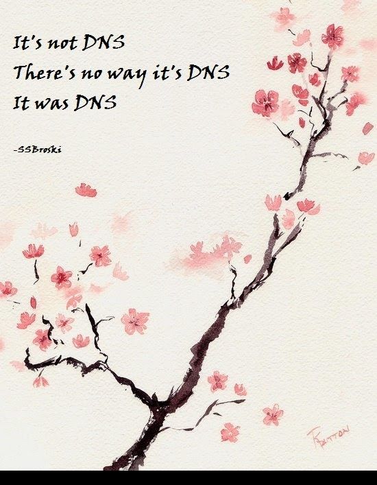A sticker featuring a beautiful cherry tree branch and blossoms with calligraphy depicting an ancient wisdom:

"it's not DNS

There's no way it's DNS

It was DNS"

