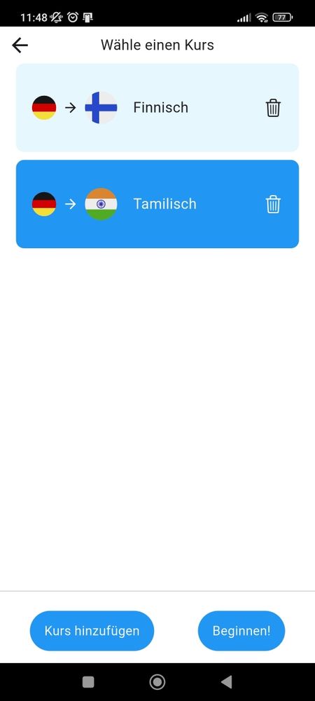 Screenshot einer Sprachlernapp.
Oben ein Feld deutsch - finnisch
Darunter eines deutsch - tamilisch