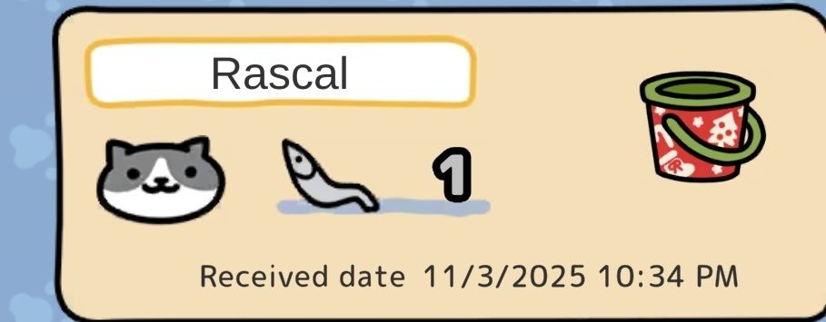 neko atsume cat rascal leaves only one fish after using Christmas bucket