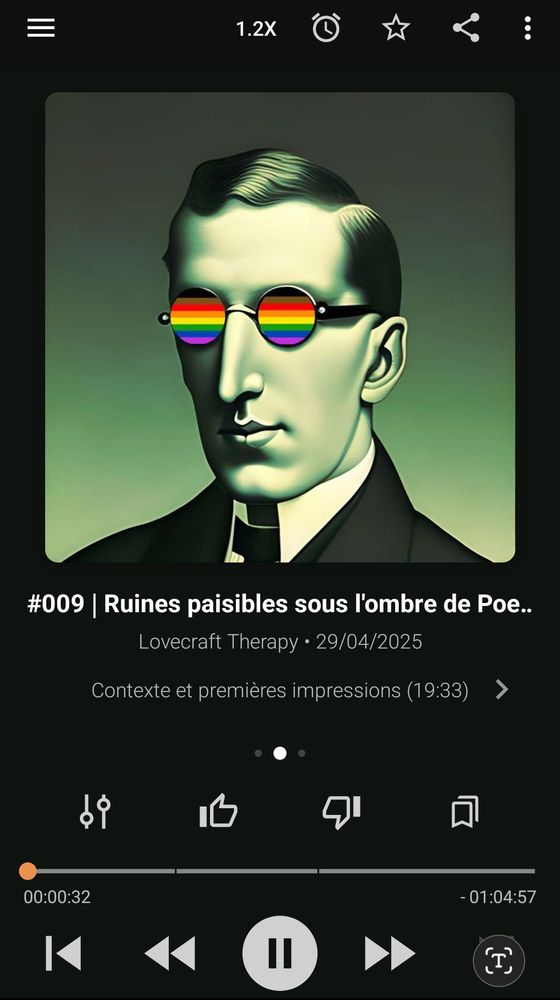 Capture d'écran de l'interface utilisateur de Podcast Addict. L'image montre le nouvel épisode du podcast Lovecraft Therapy, consacré à la nouvelle Memory écrite en 1919 par Howard Phillips Lovecraft