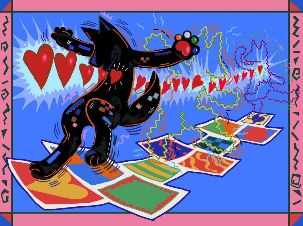 Digital illustration of a furry character joyfully playing hopscotch. The character is a silhouette, with colorful shapes and patterns dotting their form.