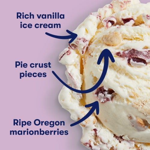 closeup picture of a scoop of Tillamook Marionberry Pie ice cream with text and arrows pointing to: Rich Vanilla ice cream, Pie crust pieces, & Ripe Oregon marionberries