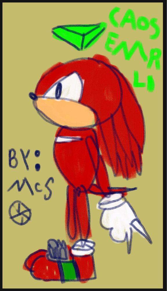 A child’s profile drawing of Knuckles the echidna standing proudly