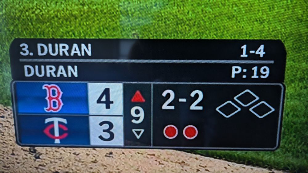 score bug from twins vs red sox, the pitcher is Jhoann Duran facing the hitter jarren Duran so it says 
"Duran
Duran"
Like the band from the 1980s get it?